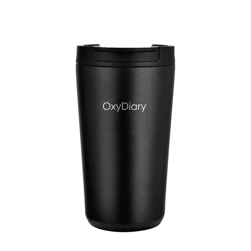 Blue OxyDiary coffee cup with black lid