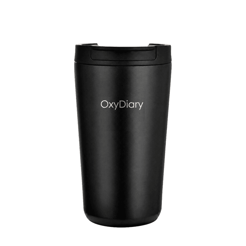 Blue OxyDiary coffee cup with black lid