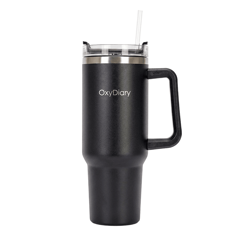 Blue OxyDiary tumbler with handle and straw