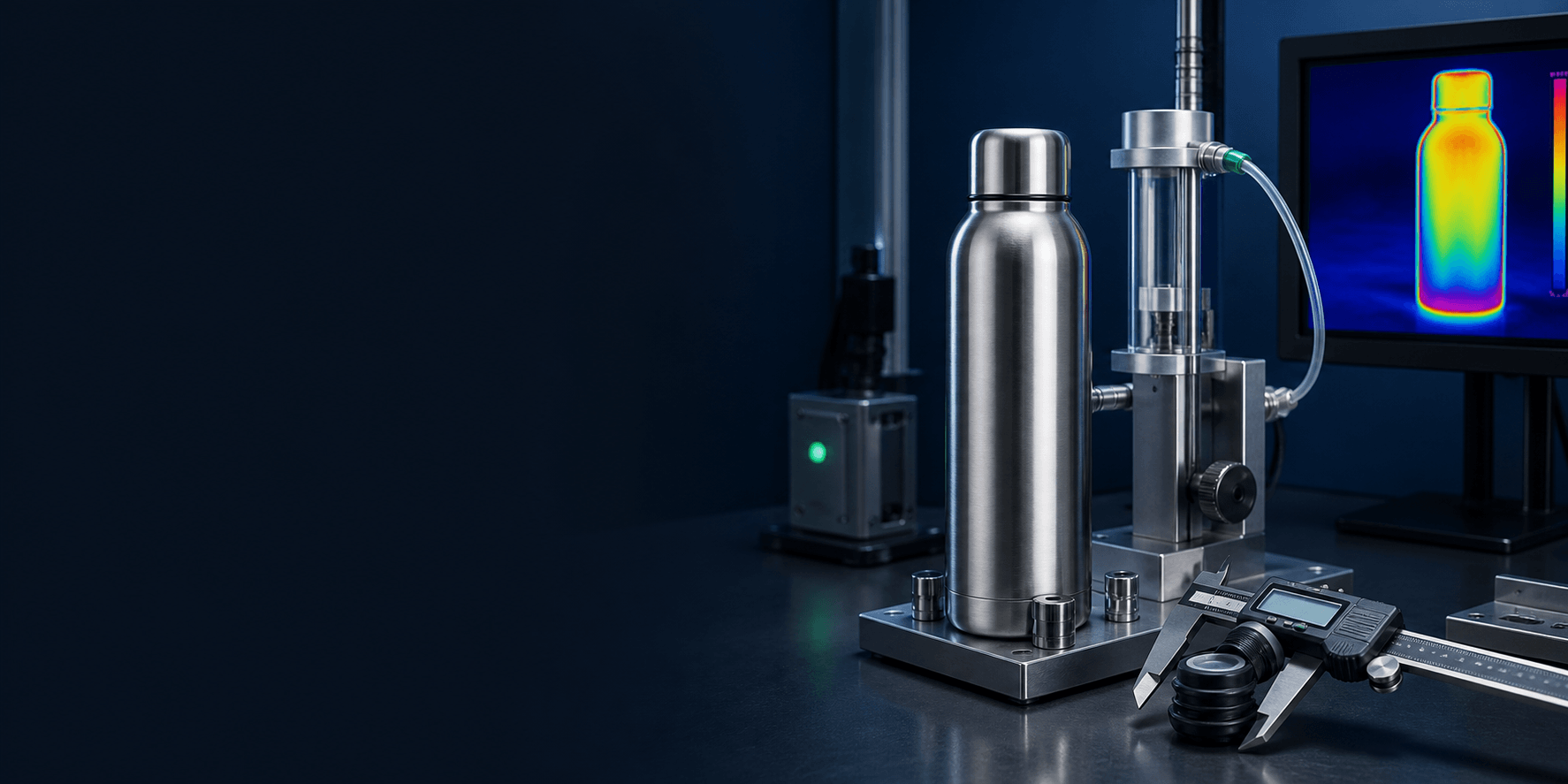 Stainless steel vacuum bottle undergoing dimensional, pressure, and thermal quality checks