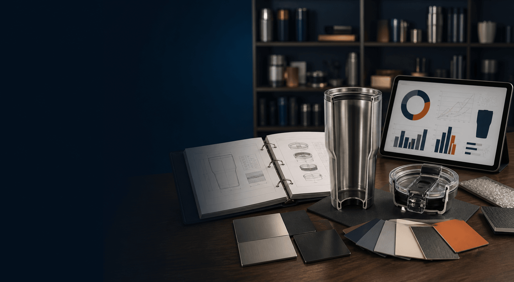 Drinkware cutaway, material samples, technical drawings, and sourcing analysis arranged as an engineering knowledge library